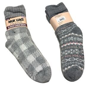 Muk Luks Slouch Cabin Socks 2 Pack One Size Gray Checkered Fair Isle Sherpa Cozy